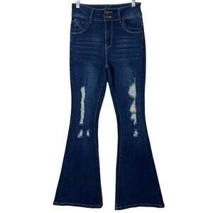 Sweet Look Women's Flare Jeans 7 Tall Bell Bottom Distressed Dark Wash High Rise